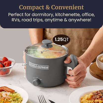 Elite Gourmet NOODLE EXPRESS™ Hot Pot, Prepare Ramen, Rice, Soups, Stews, Boil Water, Stainless-Steel Interior, Glass Lid, High/Low/Off Settings, Grey