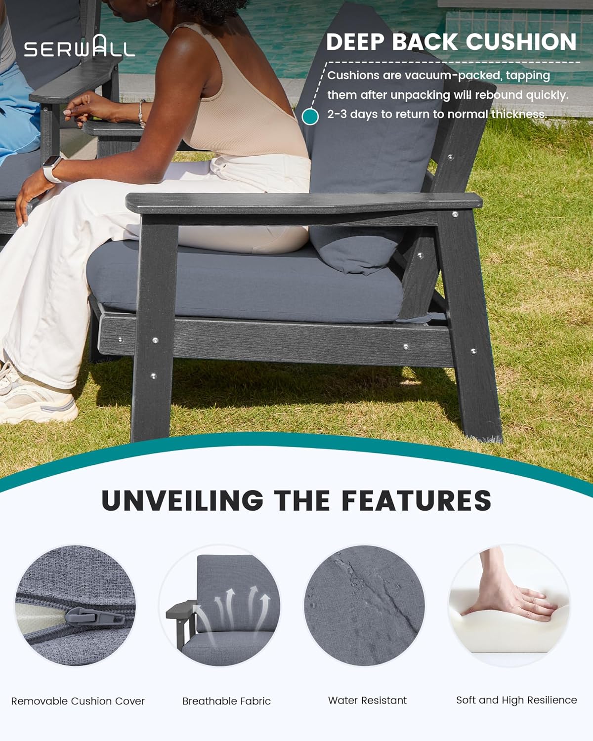 SERWALL HDPE Patio Furniture Set, 5 Piece All Weather Wood-Like Sectional Outdoor Furniture Set, Grey Patio Sofa Couch with Grey Cushions for Deck, Lawn