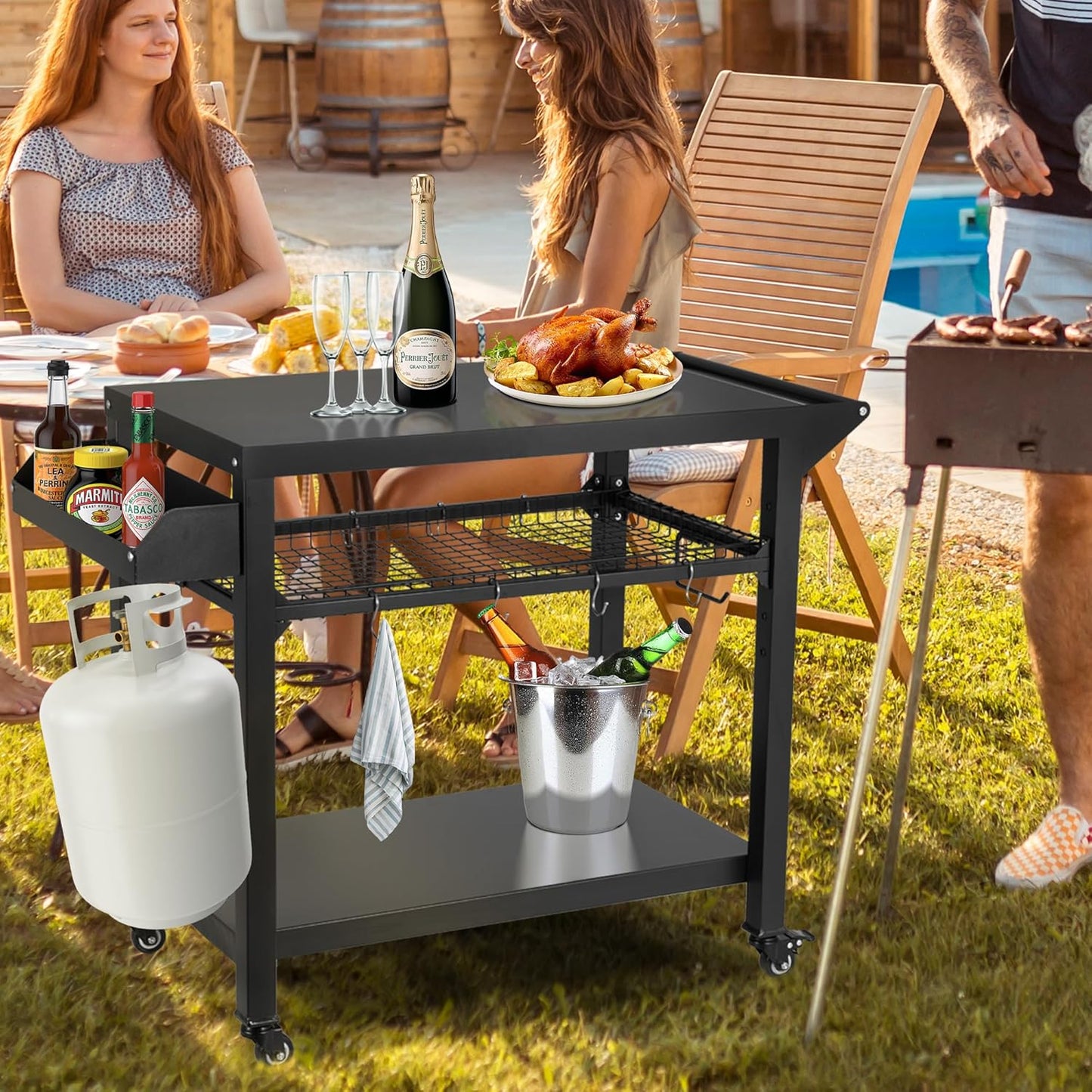 Spurgehom Grill Cart, Pizza Oven Stand Table with Wheels, Outdoor Movable Kitchen Cooking Prep Table BBQ Cart with Mesh Racks for Home Party, Bar, Camping