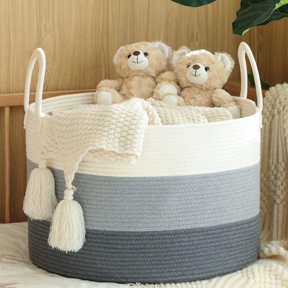 KAKAMAY Large Blanket Basket (20"x13"),Woven Baskets for storage Baby Laundry Hamper,Cotton Rope Blanket Basket for Living Room, Laundry, Nursery, Pillows, Baby Toy chest with Handles (White/Grey)