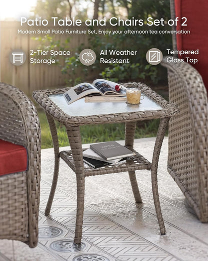 HUMMUH 7 Pieces Outdoor Furniture Set-All Weather Wicker Rattan Couch with Outdoor Rocking Chair Patio Furniture for Deck Lawn Porch Balcony Poolside-Grey/Red