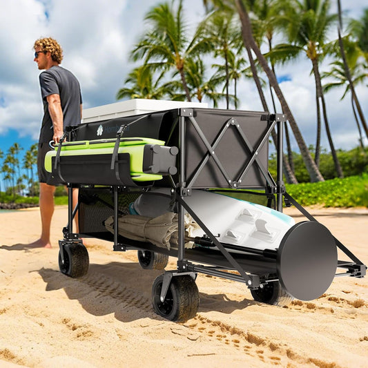 400L Double Decker Folding Wagon Cart, Heavy Duty 560LBS Capacity Utility Cart with Brake, Collapsible Wagon with All-Terrain Big Wheels for Beach, Camping, Picnic, and Outdoor Use – Black