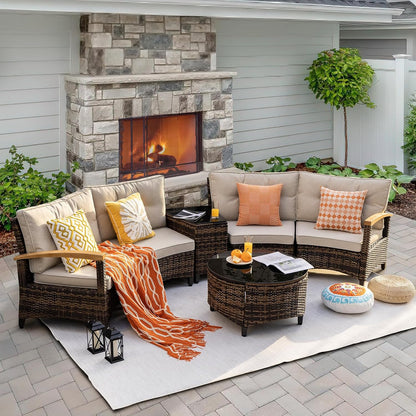 6 Piece Outdoor Patio Furniture Set, Half-Moon Curved Sectional Set with Wood Armrests, Patio Conversation Set, Tempered Glass Coffee & Side Tables (Brown)