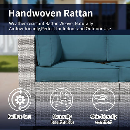 7 Piece Patio Furniture Set, Rattan Outdoor Patio Conversation Sets, Outdoor Sectional Furniture with Waterproof Cushion and Coffee Table, for Deck, Backyard, Garden, Peacock Blue-2