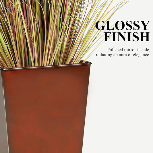 Worth Garden Large Metal Glazed Planter Set of 2 (25" + 28"), Luxurious Glossy Finish Red Tall Square Tapered Steel Plant Pot, Decor Flower Pot Indoor & Outdoor, Drainage Hole & Dual-Purpose Saucer
