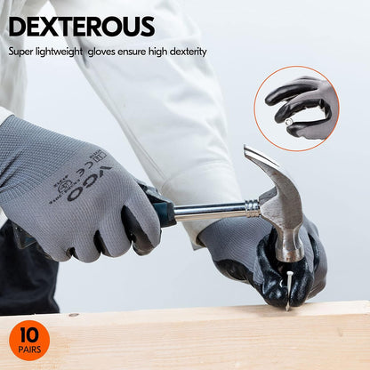 Vgo... 10-Pairs Safety Work Gloves, Gardening Gloves, Non-slip Nitrile coating, Dipping Gloves (Size XL, Gray, NT2110)