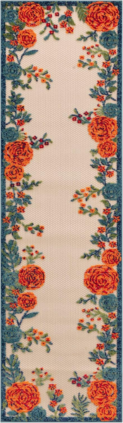 Nourison Home Aloha Indoor/Outdoor Ivory Multicolor 2' x 6' Area -rug, Easy--cleaning, Non Shedding, Bed Room, Living Room, Dining Room, Backyard, Deck, Patio (2x6)