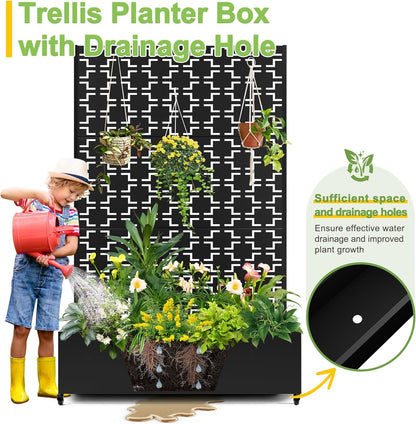 FENCY Metal Raised Garden Bed with Wheels and Trellis,73"x47"x16" Planter Box for Climbing Plants, Vegetables & Vines, Features Privacy Screen and Drainage Holes (Black-Square)