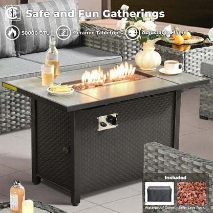 ovios 10 Pieces Patio Furniture Set, Outdoor Wicker Sectional Sofa with 42" Fire Pit Table Swivel Chairs, Modern Modular Deep Seat Rattan Couch Conversation Sets, Dark Gray Stripe
