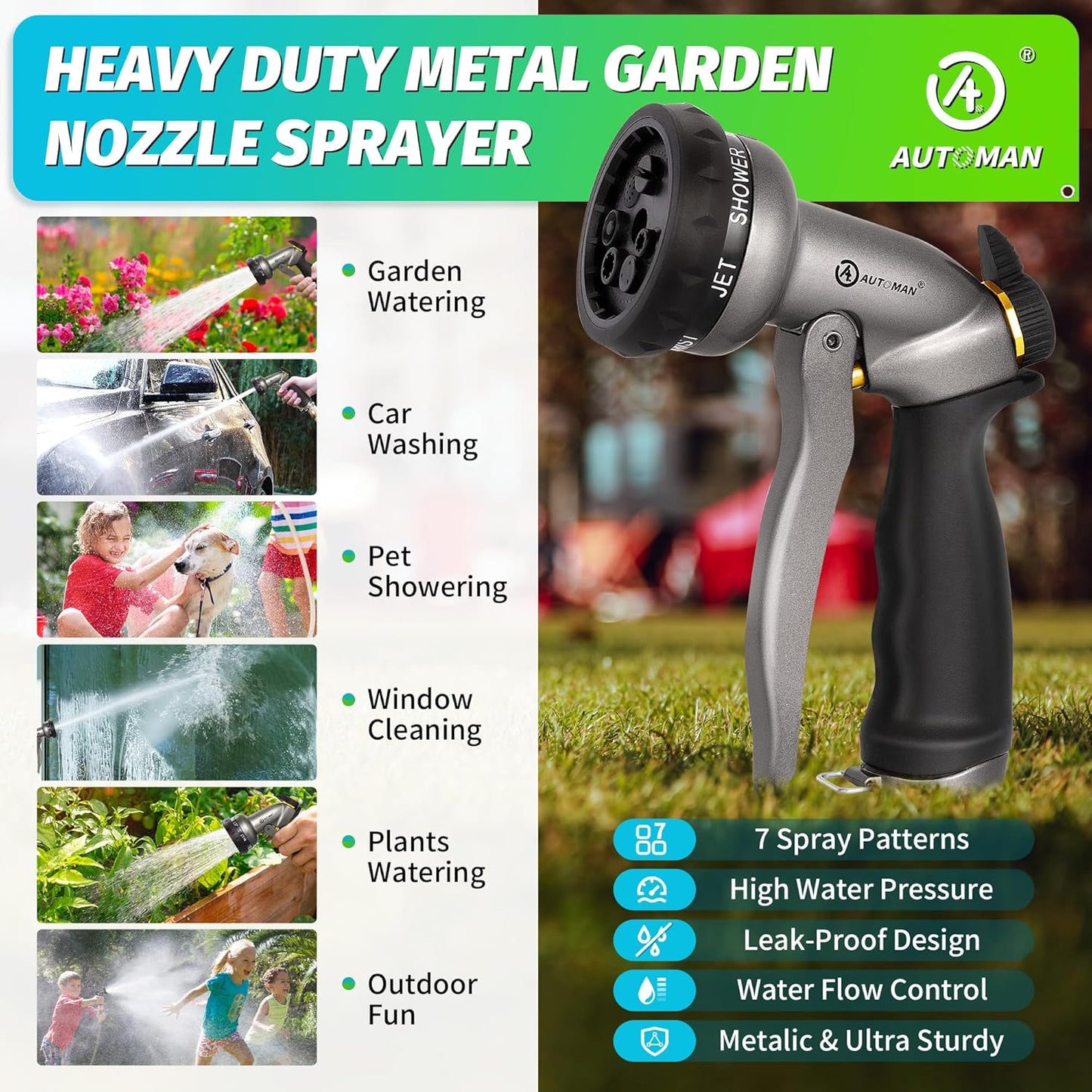 AUTOMAN Garden Hose Nozzle - 2 Pack, 100% Metal High Pressure Spray Nozzle, Labor-Saving Design, Heavy Duty for Garden Watering, Car Washing, Window Cleaning, Pets Bathing
