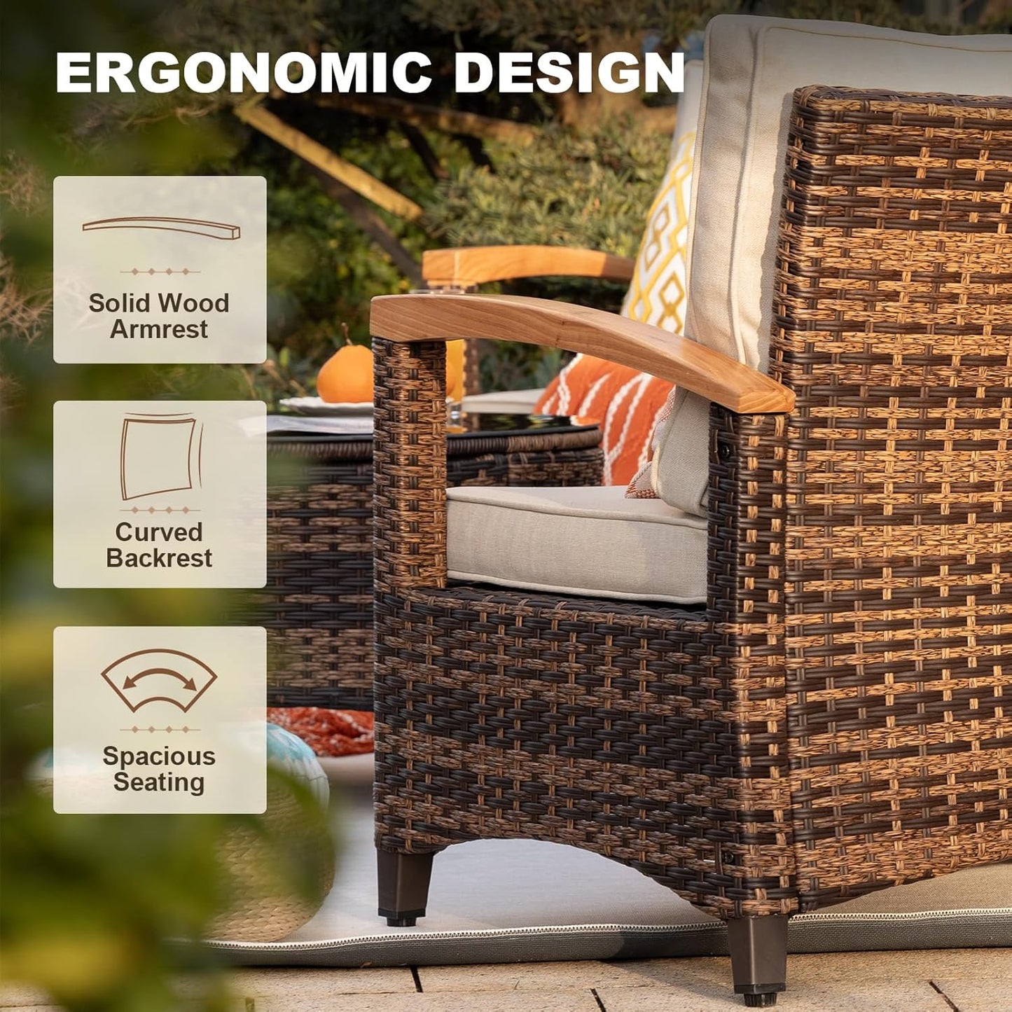 8 Piece Outdoor Patio Furniture Set, Half-Moon Curved Sectional Set with Wood Armrests, Patio Conversation Set, 2 Half-Moon Ottomans，Coffee & Side Tables (Brown)