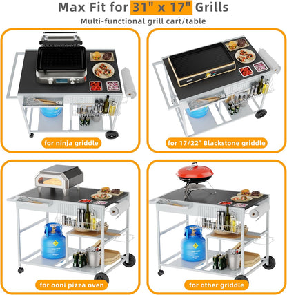 Vongrasig Pizza Oven Table with Topping Station, Outdoor Grill Cart with Storage for Blackstone Grill Ooni Pizza Ovens, Outdoor Kitchen Island Movable Grill Table Bar Cart