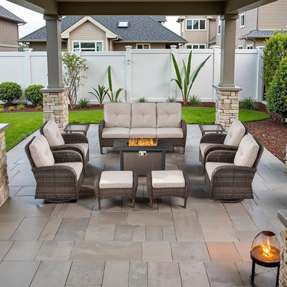 Expansive 10 Pieces Outdoor Patio Furniture Set with 43” Propane Fire Pit Table, Patio Conversation Set with Swivel Rocker Outdoor Chairs Set of 4 and Sofa, Ottoman and Wicker Side Table Brown