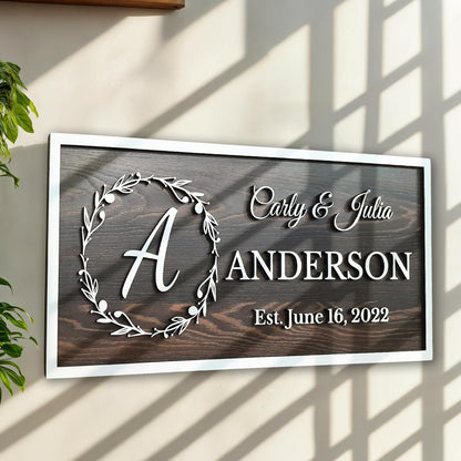 Personalized Wooden Monogram Family Name Sign with Couples Name, Custom Gift For Wife, Last Name Plaque with Initial & Established Date, Unique Wedding Gift