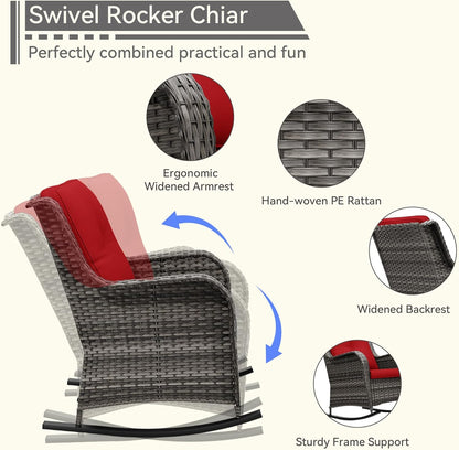 1 PC Outdoor Rocking Chair, Wicker Patio Rocker Chair for Yard, Porch, Mixed Brown Grey Rattan, Red Cushions