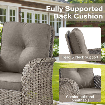 7-Piece Modern Gray Wicker Patio Conversation Set - 4 Swivel Glider Chairs & 50,000 BTU Propane Fire Table