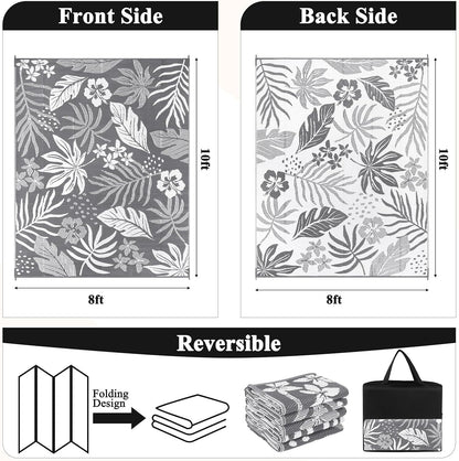 Pauwer Waterproof Outdoor Rug 8x10, Reversible Plastic Straw Patio Camping Rug, Indoor Outdoor RV Mat Carpet for Deck, Camper, Porch, Balcony, Backyard, Picnic, Floral Grey