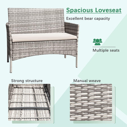 Greesum Patio Furniture 4 Pieces Conversation Sets Outdoor Wickerr Rattan Chairs Garden Backyard Balcony Porch Poolside loveseat with Soft Cushion and Glass Table, Gray and Beige