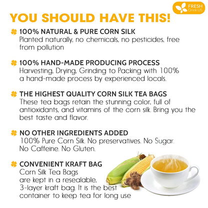 FreshDrinkUS, Premium 40 Tea Bags Corn Silk Tea, 100% Natural & Pure from Corn Silk. Corn Silk Herbal Tea. Clean Ingredients. Made with Natural Material Tea Bags. No Sugar, No Caffeine, Vegan. (40 Tea bags Corn Silk)