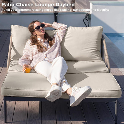Patio Adjustable Daybed, 2-Person Outdoor Daybed with Cushions and Pillows, Woven Rope Patio Loveseat Garden Adjustable Reclining Chaise Lounge for Lawn