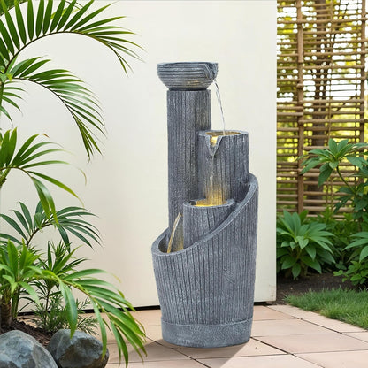 31" Modern Outdoor Water Fountain with LED Lights, 5-Tier Twist Pedestal Bowl Garden Fountain, Cascading Waterfall for Relaxing Garden, Patio, Backyard, Deck, Porch or Home Decor