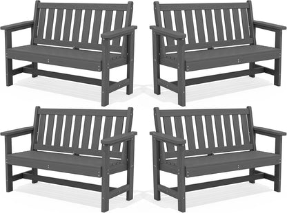 SERWALL Outdoor Bench, HDPE Outdoor Benches Weatherproof, 2-Person Garden Bench with 660 lbs Weight Capacity, Patio Benches for Outdoors, Garden, Porch, Backyard and Park, Grey, 4 Pack