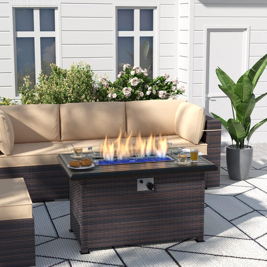 Kurapika Propane Fire Pit Table 43 Inch 55,000 BTU Auto-Ignition, CSA Certification Outdoor Rattan Gas Fire Pits with Slide Out Tank Holder, Outdoor Fire Tables Wider Desktop, Windshield and Lid