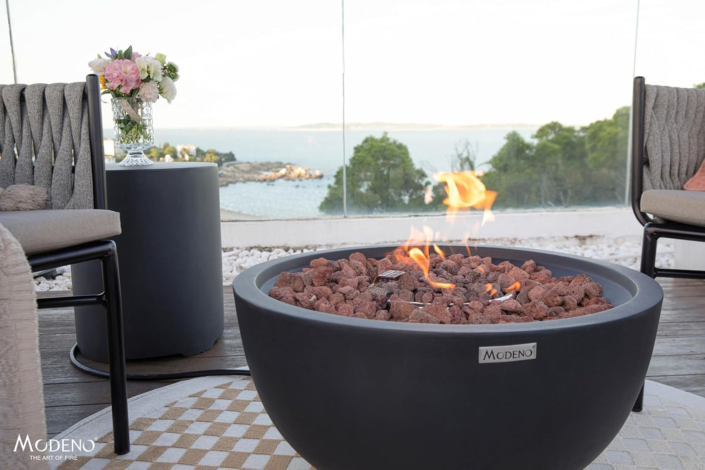 AMS Fireplace | Modeno Jefferson Package | Black Natural Gas Fire Pit Table for Outside Patio Bundle with SS Burner Lid | Free Ice Bucket
