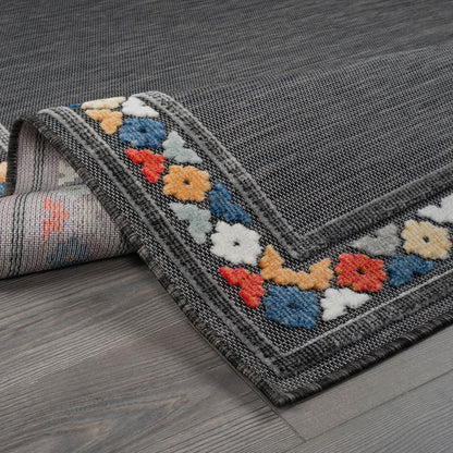 Beverly Rug Outdoor Runner Rug 2x7 Modern Floral Bordered Area Rugs for Indoor and Outdoor Patio Easy to Clean Non Shedding Living Room Porch Garden Washable Outside Carpet (2 x 7 Dark Gray)