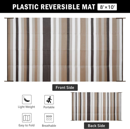 Outdoor Waterproof Rug 8'x10' Plastic Straw Rugs Washable Reversible Floor Mat Brown Stripe Carpet for Camping RV Deck Entryance Porch Picnic Balcony Beach Backyard