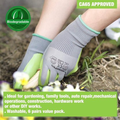 WORKPRO 6 Pairs Garden Gloves, Work Glove with Eco Latex Palm Coated, Gardening Gloves, Working Gloves for Weeding, Digging, Raking, and Pruning (Medium)