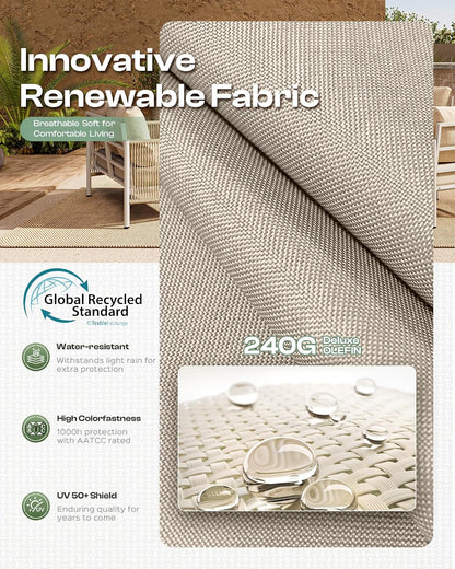 Aluminum Outdoor Patio Couch Loveseat, HDPE Rope Patio Sofa with Washable Thick Cushion, All-Weather Patio Furniture for Balcony, Yard, White Frame, Ivory