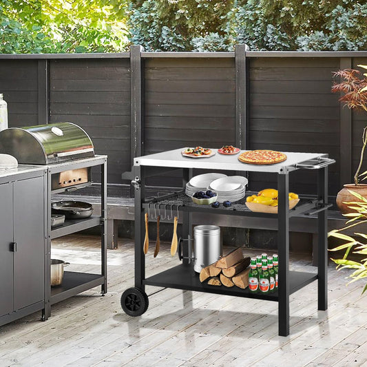 Grill Cart Table with Three Shelf, Movable Outdoor Dining Cart Pizza Oven Stand with Three Hooks, Kitchen Cart Island Multifunction Food Prep Table (Sliver)