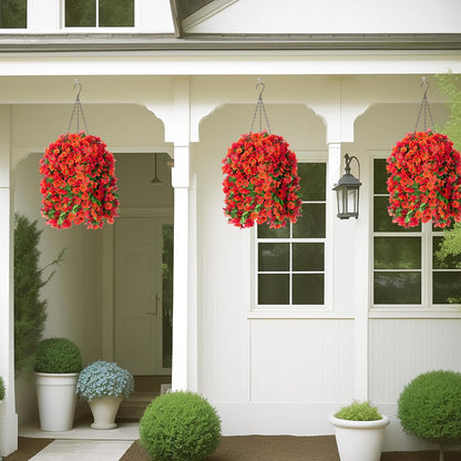 Artificial Hanging Flowers in 12 inch Basket, Fake Fall Plant Silk Orchid Flower Arrangement with Hanging Basket Daisy Planter for Patio Garden Porch Deck Summer Autumn Yard Decoration(Red Orange)