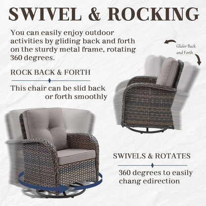 HUMMUH 5 Pieces Wicker Patio Furniture Set,Outdoor Swivel Gliders Rocker,Patio Ottomans,Glass Top Side Table,Outdoor Conversation Set for Porch Deck Backyard Poolside