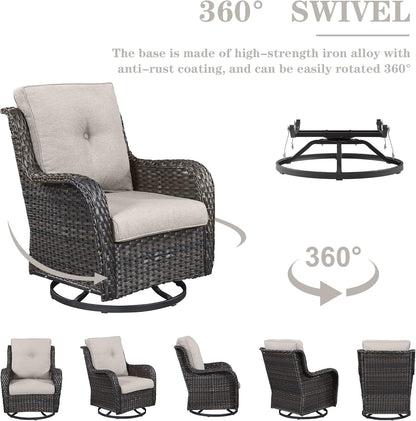 Outdoor Patio Furniture Set with Propane Fire Pit Table, 7 Pieces Wicker Patio Conversation Set with 2 Swivel Glider Rocker Chair Rattan Sofa Beige Cushion Perfect for Casual Gathering