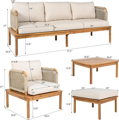 5-Piece Acacia Wood and Rope Patio Sofa Set, Outdoor Conversation Set with Acacia Wood Coffee Table and Ottoman, 2 Club Chair for Backyard Porch Garden Balcony