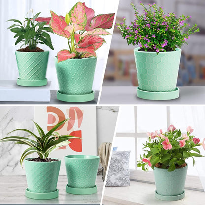 EFISPSS Flower Planter –5 inch Ceramic Plant Pots with Drainage Holes and Ceramic Tray - Gardening Home Desktop Office Windowsill Decoration Gift Set of 4 - Plants NOT Included