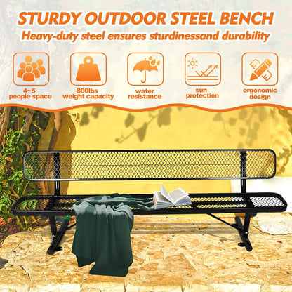 Drexo 8FT Heavy Duty Park Bench with Back Portable Frame, Outdoor Metal Park Bench with Backrest, Steel Mesh Outdoor Bench for Garden, Lawn, Patio, Porch, Park, Yard, Black