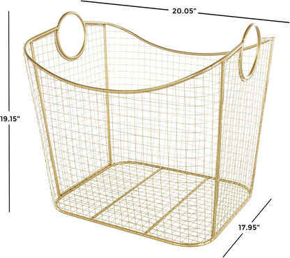 Deco 79 Metal Decorative and Functional Storage Basket Deep Basket Organizer with Round Handles, Basket for Storage 20" x 18" x 19", Gold