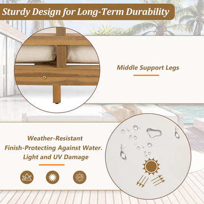 Merax Outdoor Daybed, 3 Seater Acacia Wood Daybed, Patio Day Bed with Four Pillows, Wooden Outdoor Bed with Curved Armrests for Poolside, Backyard, Garden, Light Teak