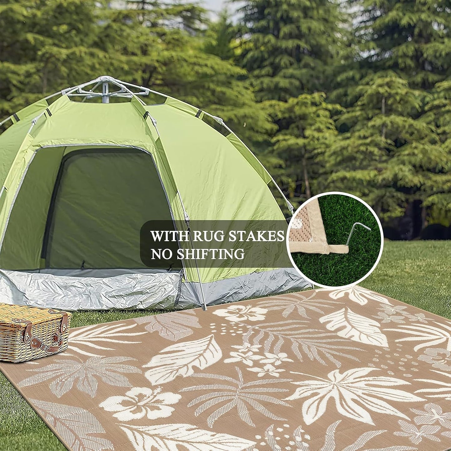 Pauwer Waterproof Outdoor Rug 8x10, Reversible Plastic Straw Patio Camping Rug, Indoor Outdoor RV Mat Carpet for Deck, Camper, Porch, Balcony, Backyard, Picnic, Floral Brown