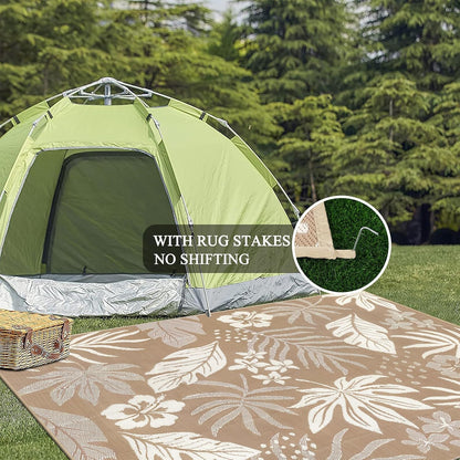 Pauwer Waterproof Outdoor Rug 9x12, Reversible Plastic Straw Patio Camping Rug, Indoor Outdoor RV Mat Carpet for Deck, Camper, Porch, Balcony, Backyard, Picnic, Floral Brown
