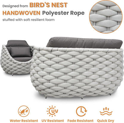 Aluminum Patio Furniture Set: 4 Pieces Woven Rope Outdoor Conversation Sofa Set Assembled - Modern Cushioned Armchair Couch Set for 660lbs Porch Deck Backyard Poolside Garden Drawing Room Hotel