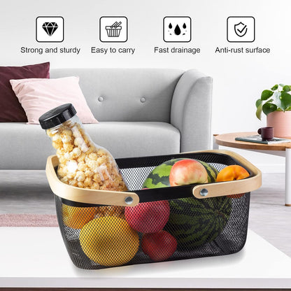 Portable Garden Harvest Basket-Mesh Design Natural Bamboo Handle Wire Storage Baskets,Mesh Basket with Handle Organize Items Reduce Space Occupation,Suitable for Kitchen,Garden,Picnic(Black)
