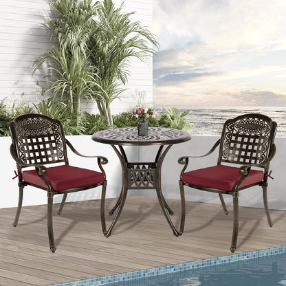 3-Piece Outdoor Patio Dining Set, All-Weather Cast Aluminum Patio Furniture Set for Backyard Garden Deck with 2 Cushioned Chairs and 31” Round Table, 2" Umbrella Hole, Chili Red