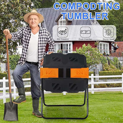 FDW Outdoor Compost Bin,43 Gallon Dual Chamber Tumbling Composting Bin with Sliding Doors Compost Tumbler for Garden Patio Kitchen Yard,Orange Door