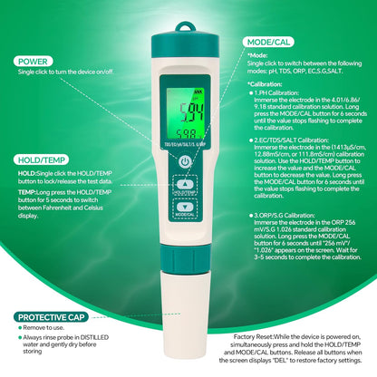 7in1 PH Water Tester, Digital PH Meter for Water Digital Pool Salt Tester,PH SG ORP Salt Temp EC and TDS Meter, Water Quality Tester for Swimming Pool Aquarium Drinking Water Digital Water Testing Kit