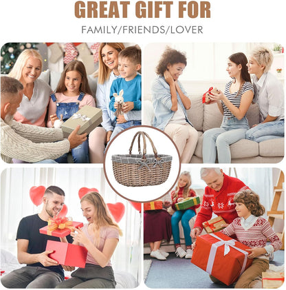 G GOOD GAIN Oval Picnic Basket with Folding Handles, Willow Hand Woven Shopping Basket, Bath Toy Kids Toy Storage Gift Packing Basket, Wicker Empty Easter Eggs and Candy Small Gift Basket.GreyCheck
