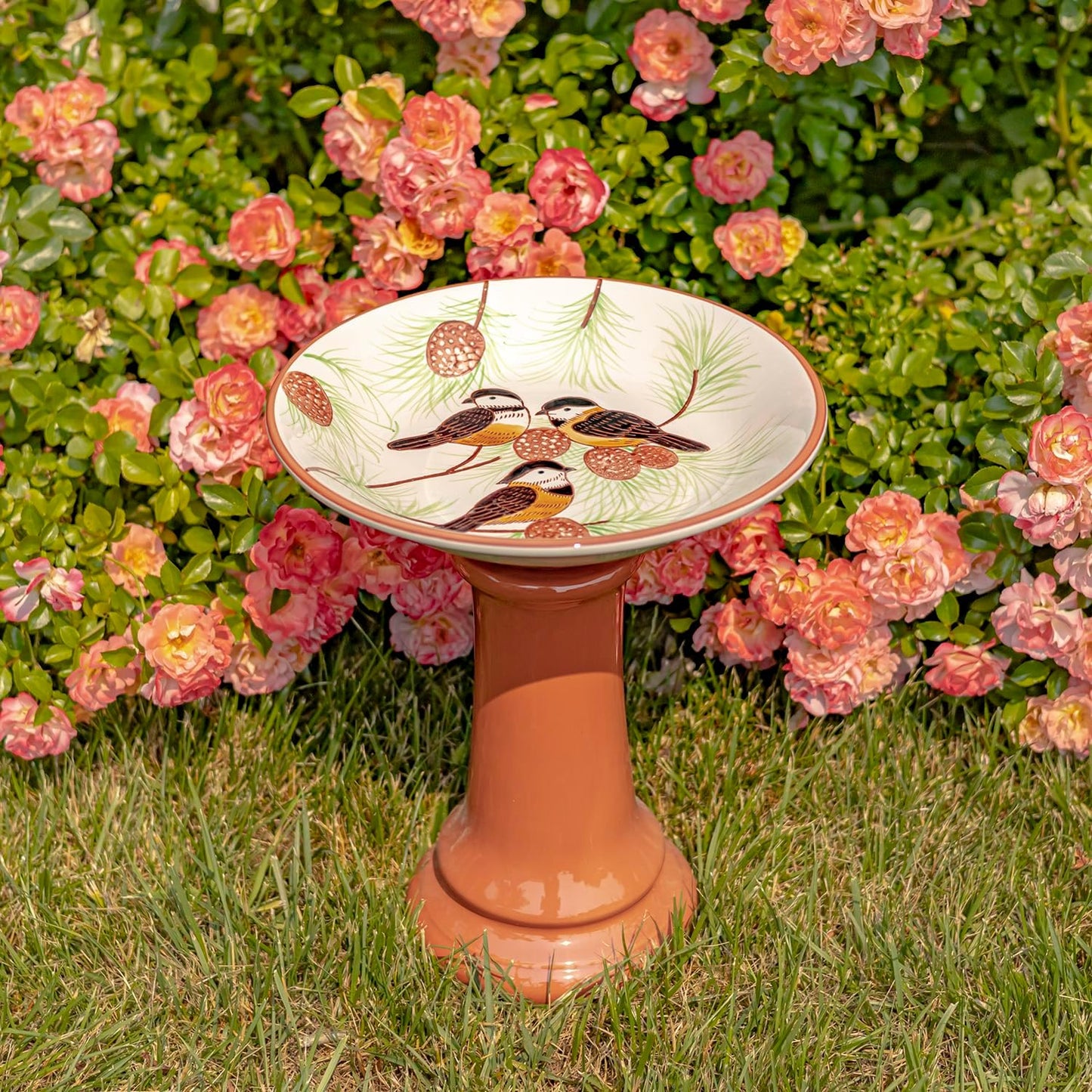 Zaer Ltd. Porcelain Birdbath with Hand Painted Details (15" Tall, Finch Birds & Pine Tree)